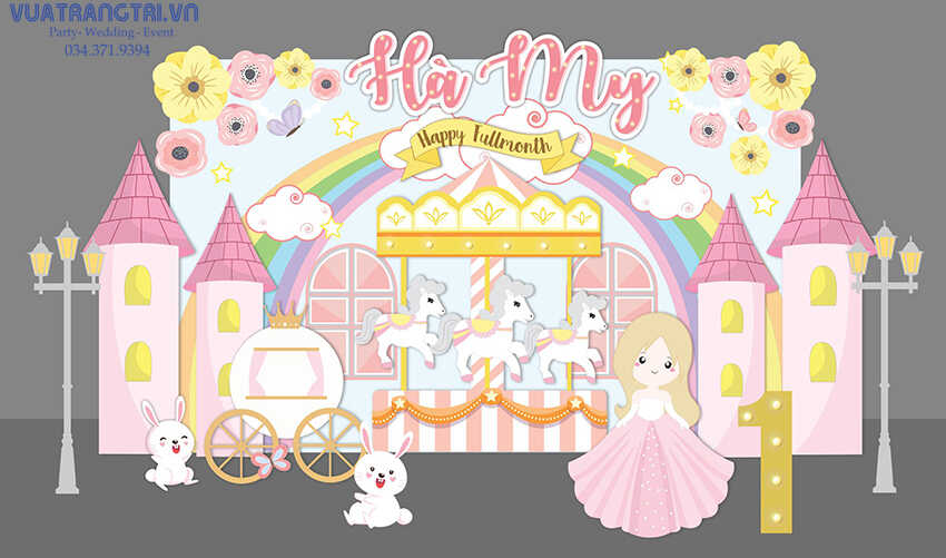 Demo thiết kế trang trí sinh nhật bé gái Hà My chủ đề lâu đài công chúa