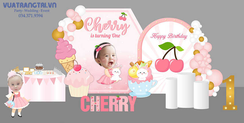 Demo thiết kế trang trí sinh nhật bé gái Cherry